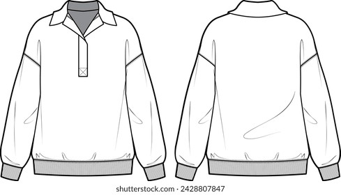 Boceto plano técnico de sudadera de media tapeta. Camiseta oversize de cuello alto con hombro. Jersey y popover. Ropa delantera y trasera. Plantilla de maqueta vectorial. 