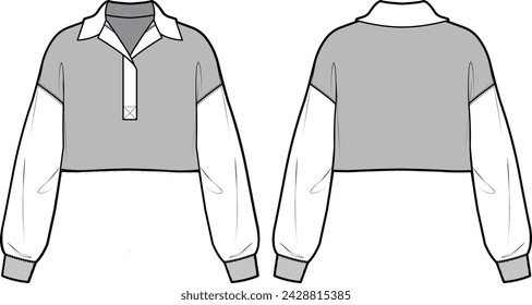 Boceto plano técnico de sudadera de corte semiestampado. Camiseta oversize de cuello alto con hombro. Jersey y popover. Ropa delantera y trasera. Plantilla de maqueta vectorial. 