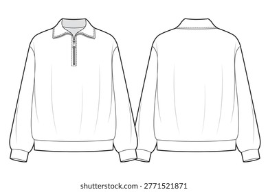 Technical flat sketch of half zip up sweatshirt turndown collar