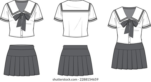 Technical flat sketch of high school uniform design template. Sailor collar crop shirt with button-down and big bow neck tie. Mini pleated skirt. Mock up, Vector illustration.