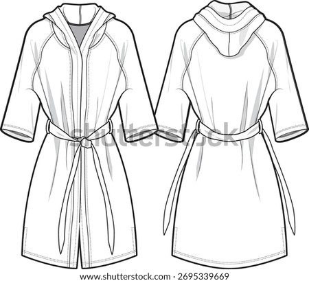 Technical Flat Sketch of Women’s Hooded Belted Robe – Fashion CAD Template Front and Back View