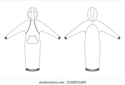 Boceto plano técnico de sudadera con capucha (vestido) con bolsillo canguro y puños acanalados
