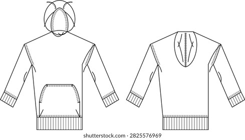 A technical flat sketch illustration of a pullover hoodie shown in front and back views, featuring a drawstring hood, kangaroo pocket, ribbed cuffs and hem. Ideal for fashion design portfolios, apparel catalogs, clothing templates, and garment production documentation.