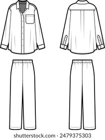 Technical flat sketch of Long pajamas set. Lounge set up. Relaxed fit button down shirt with one chest pocket. Pull on pants with elastic waist. Front and back apparel. Vector mock up Template. 