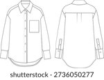 Technical Flat Sketch of Long Sleeve Button Down Shirt with Chest Pocket Front and Back View