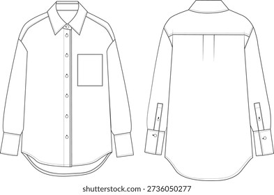 Technical Flat Sketch of Long Sleeve Button Down Shirt with Chest Pocket Front and Back View