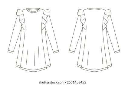 Technical flat sketch of a long-sleeve dress with ruffle details on the shoulders, front and back views displayed in black outline on a white background