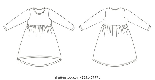 Technical flat sketch of a long-sleeve gathered waist dress with high-low hemline, front and back views displayed in black outline on a white background