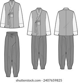 Technical flat sketch of Men's Hanbok. Traditional Korean attire. Crop jacket, pants, volume sleeves, ribbon straps. Cultural heritage. Vector mock up