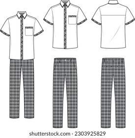 Technical flat sketch of men's school uniform design template. Short sleeve collar shirt and straight fit plaid pants set. Mock up vector illustration. Button-down classic shirt and check neck tie.