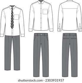 Technical flat sketch of men's school uniform design template. White collar shirt and straight fit pants set mock up vector illustration. Button-down classic shirt and striped neck tie, trouser.