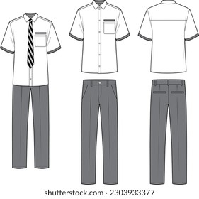 Technical flat sketch of men's school uniform design template. Short sleeve collar shirt and straight fit pants set. Mock up vector illustration. Button-down classic shirt and striped neck tie.