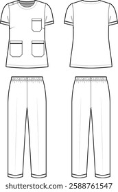 Technical flat sketch of nurse uniform set. Round neck blouse with short sleeves and patch pocket details. Elasticated waist pull on pants. Straight leg bottoms. Vector mock up Template. 