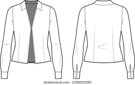 Esbozo plano técnico de blusa con collarín frontal abierto. Vector se burla. Cuello V profundo con mangas largas. La mujer cortó la parte superior con. collar de camisa, dardos verticales. Cuchillos, hendidura, botón, túmulo, chasquido, gancho y ojo