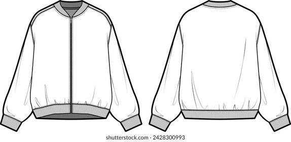 Technical flat sketch of Oversize Bomber Jacket. Front zip up loose fit outer with rib trim and shirring details. Front and back apparel. Vector mock up Template