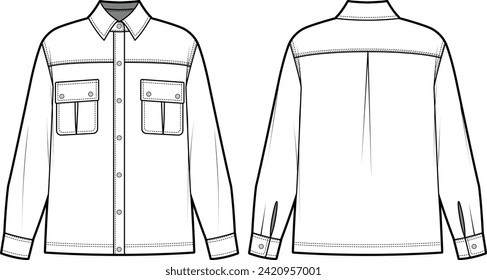 Technische Flachskizze von Oversize Shirt. Farbige Oberbekleidung mit zwei Pflastertaschen. Flache Tasche mit Plissen. Vorder- und Rückseite der Kleidung. Vorlage für Vektorgrafik-Muster. 