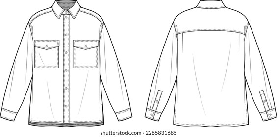 Technical flat sketch of oversized fit button-down shirt design template. Front and back view. White shirt mock up vector illustration. Drawing template for a set of boxy shirts with patch pockets.