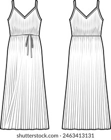 Technical flat sketch of Pleated v-neck midi slip dress. Strappy sleeveless midi one-piece with waist belt straps. Front and back apparel. Vector mock up Template. 