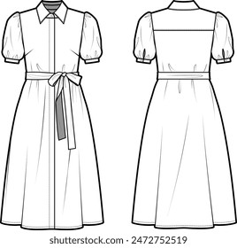 Technical flat sketch of Puff sleeve midi dress. Collared shirt dress with waist self tie and short sleeves. Button down placket. Front and back apparel. Vector mock up Template. 