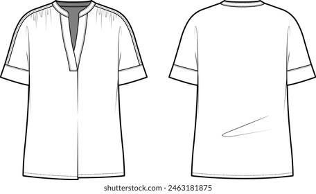 Esbozo plano técnico de la camisa del jersey. Blusa de popelina con cuello en V y mangas dolman. Camiseta de manga corta con detalle de camiseta. Ropa delantera y trasera. Vector de maqueta de Plantilla. 