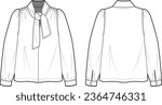 Technical Flat sketch of ribbon tie neck blouse. Vector mock up Template. Volume sleeve popover top. Gather detailed top with knotted neck. long sleeve w. cuffs and buttons.