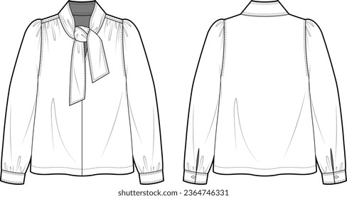 Technical Flat sketch of ribbon tie neck blouse. Vector mock up Template. Volume sleeve popover top. Gather detailed top with knotted neck. long sleeve w. cuffs and buttons.