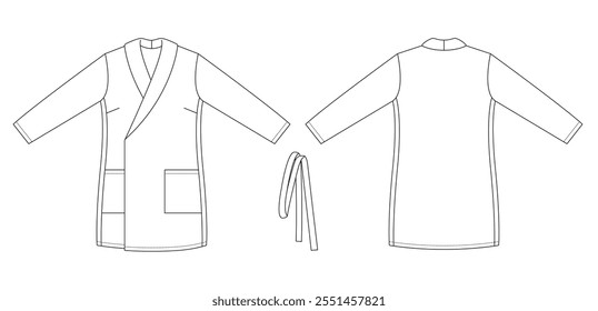 Technical flat sketch of a robe with wrap front, belt, long sleeves, and patch pockets, front and back views displayed in black outline on a white background