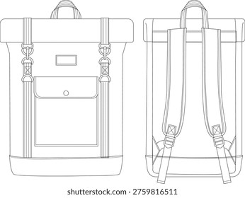 Technical Flat Sketch of Roll Top Backpack Front and Back View Vector