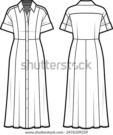 Technical flat sketch of Roll-up sleeve shirt dress. Dropped shoulder shirt midi dress with seam details and fitted waistline. Front and back apparel. Vector mock up Template. 