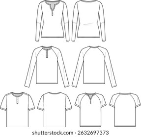 Technical flat sketch of round-neck T-Shirt collection. Henley neck tee with a neckband, half-button placket. A stylish and easy-to-wear boat-neck knit top. Vector mock up Template. 