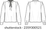 Technical Flat sketch of ruffle detailed blouse. Vector mock up Template. Fril shoulder popover top. Split neck top with volume sleeves and cuffs. Woman long sleeve w. volume shape. Ribbon tie strap.