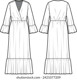 Technical flat sketch of Ruffled maxi dress. Front wrap dress with bell sleeves. Long sleeve with flounce details. Front and back apparel. Vector mock up Template. 