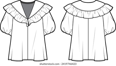 Technical flat sketch of Ruffled sailor collar blouse. Deep v-neck top with frill details and puff sleeves. Front and back apparel. Vector mock up Template. 