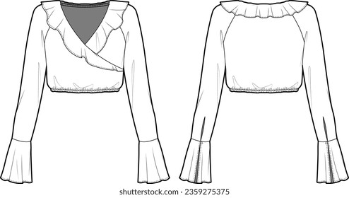 Technical Flat sketch of ruffled wrap blouse. Vector mock up Template. Ruffled neck cropped top with circular flounce sleeves. Woman Raglan sleeve w. frilled cuff detail. Long sleeve, slit, faux wrap. svg