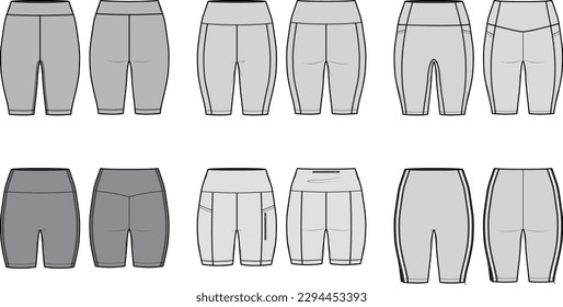 Technical flat sketch set of crop leggings design. Sport technical sweatpants with high rise and low waist line seam. Bike short leggings. Casual sports illustration vector template. Activewear, yoga.