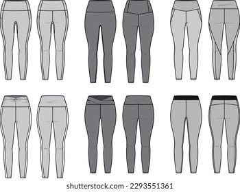 Technical flat sketch set of leggings design. Sport technical sweatpants with high rise and low waist line seam. Regular leg casual sports illustration vector template. front back view mock up. cutout