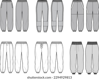 Technical flat sketch set of loose fit jogger pants. Sport technical sweatpants with elasticated waist band and drawstring. Tracksuit pants. Sweatpants. Relaxed pull-on pants. Mock up vector template. svg