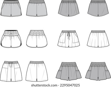 Technical flat sketch set of loose fit sweat shorts. Sport technical sweatpants with elasticated waist band and drawstring. Tracksuit pants. Sweatpants. Relaxed pull-on shorts. Mock up vector template