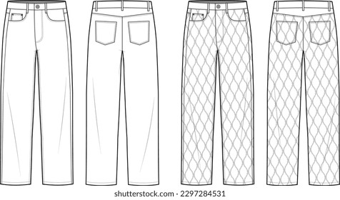 Technical flat sketch set of straight jeans pants. Wide pants with quilted stitch details. Tracksuit pants. Front and back view. Mock up vector illustration template.