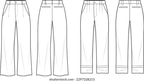 Technical flat sketch set of wide legs pants. Wide pants with pintucks details. Unisex jeans. Tracksuit pants. Welt pocket. Front and back view. Mock up vector illustration template.