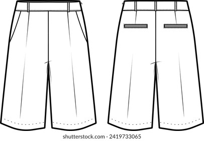 Technical flat sketch of short pants. Wide leg shorts with side pockets and welt pockets. Front and back apparel. Vector mock up Template. 