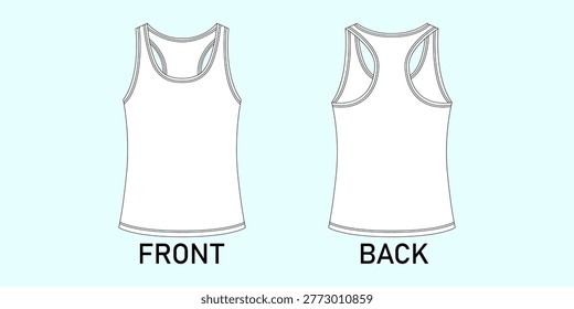 Technical flat sketch showing the front and back views of a basic white racerback tank top for fashion apparel design.