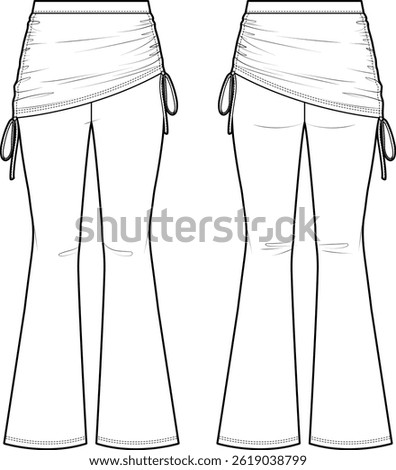 Technical flat sketch of Skirt-layered pants. This yoga outfit features skirt-over-pants for a stylish layered look. Skirt-over-pants with wrap skirt and drawstring straps. flared pants.