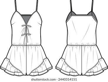 Esbozo plano técnico de Sleeveless Romper. Mono corto de cintura elástica Shirring, fill, volante, correas de cinta, detalles de cami. Ropa delantera y trasera. Plantilla de maqueta vectorial. 