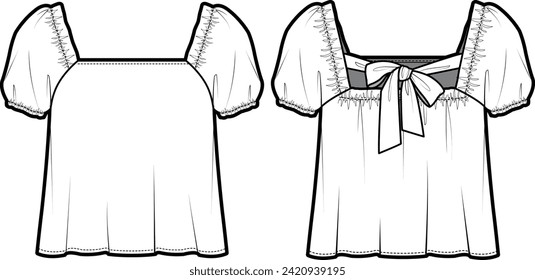 Technical flat sketch of Square neck blouse. Puff sleeve top with back ribbon strap. Raglan short sleeves. Front and back apparel. Vector mock up Template. 