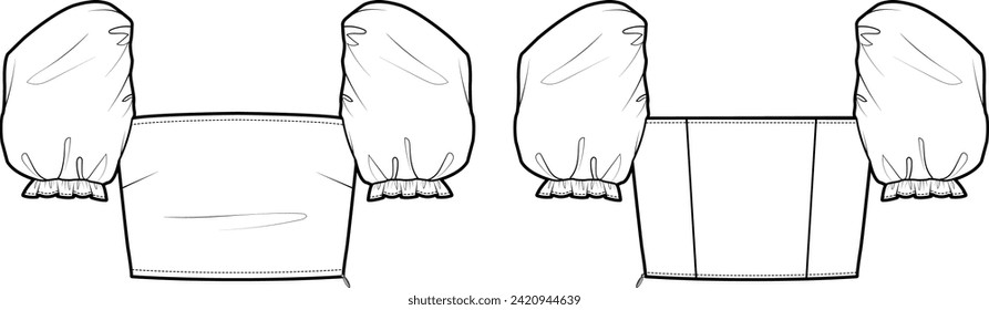 Esbozo técnico plano de la blusa de cuello cuadrado. La manga de la boquilla cortó la parte superior. Mangas cortas escurridas. Equipado con detalles. Prendas delanteras y traseras. El vector se burla de la plantilla. 