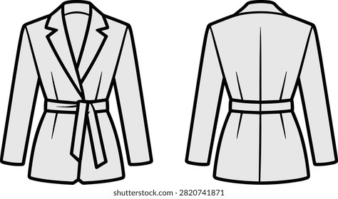 Technical flat sketch of a stylish women's blazer jacket, featuring a sophisticated notched lapel and a chic tie waist. Front and back views are detailed for design.