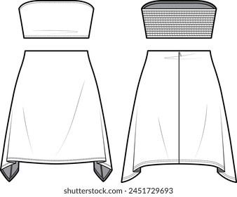 Technical flat sketch of summer set. Tube tank top with smocking details. Handkerchief hem line skirt with invisible zipper. Front and back apparel. Vector mock up Template. 