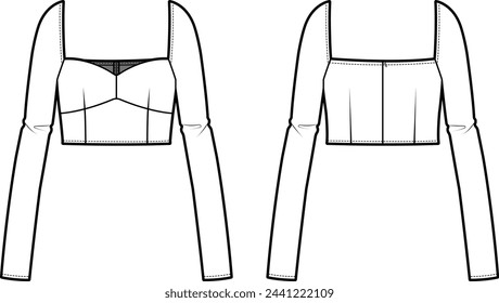 Technical flat sketch of Sweetheart neck crop blouse. Long sleeve crop top with square neck and darts. Front and back apparel. Vector mock up Template. 