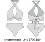 Technical flat sketch of swimming suit, with front and back view, separate bikini swimming suit with strap on top. With strap on panties Vector illustration EPS 10
